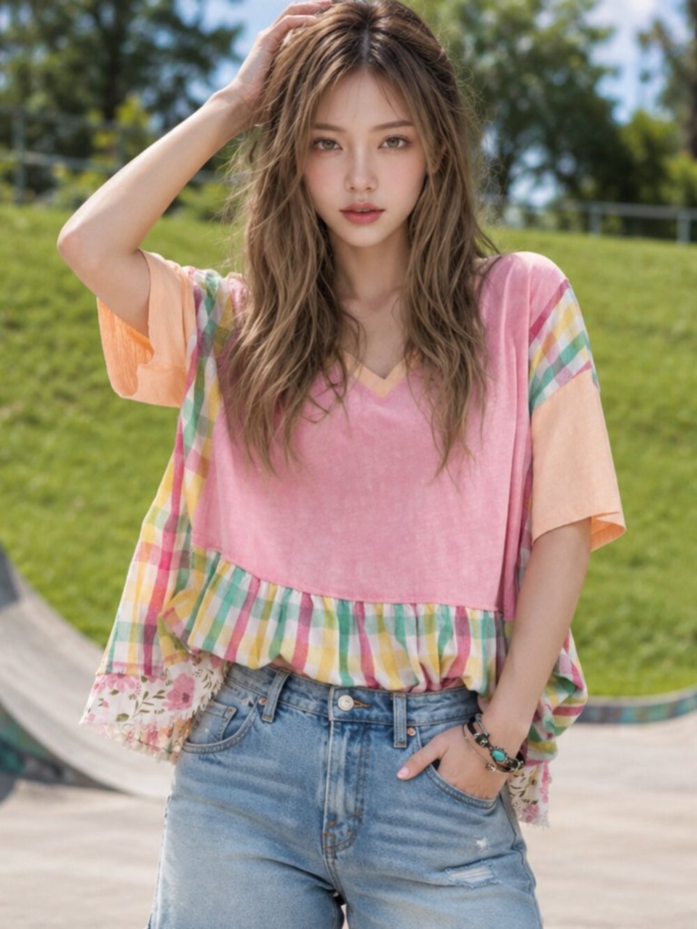 Sage + Fig Boho Baggy Upcycle T Shirt Style Ruffle Hem Slouchy Feminine Top